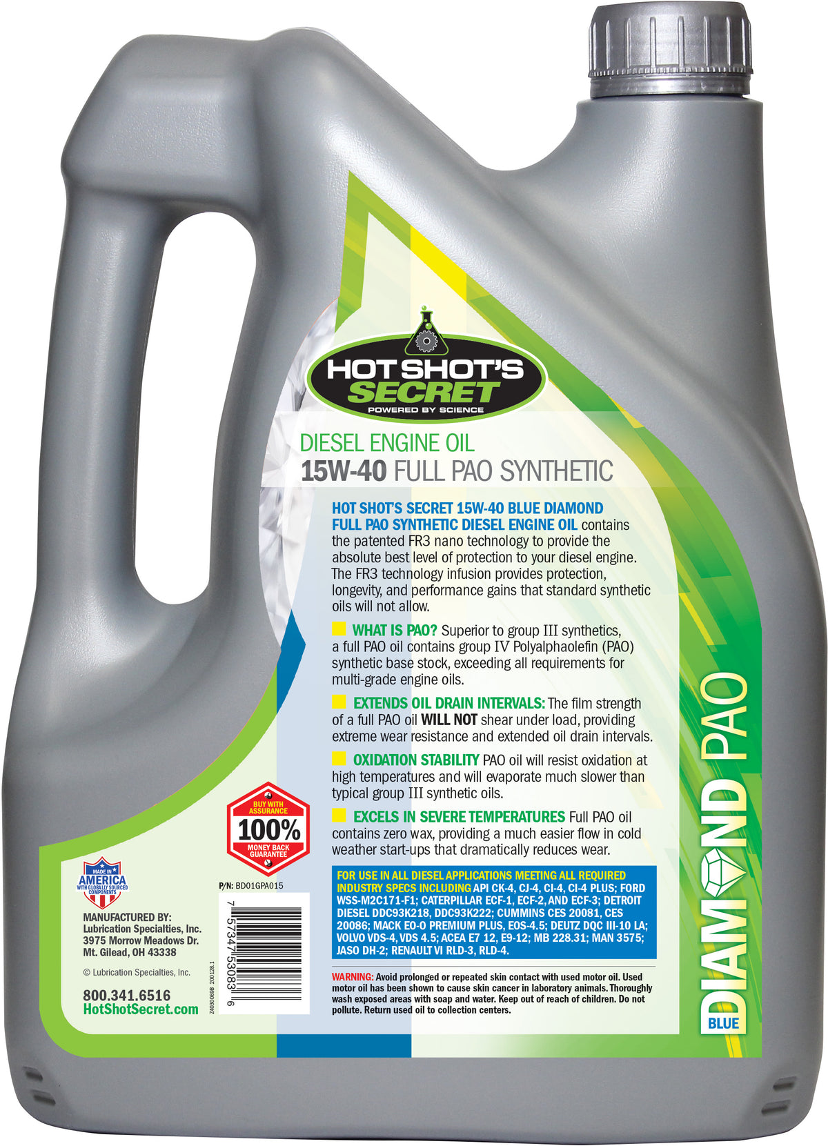 Blue Diamond 15W-40 PAO synthetic oil jug, back label