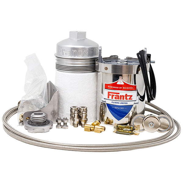 Frantz bypass oil filter kit for 6.0L and 6.4L Ford Powerstroke with braided hose and fittings