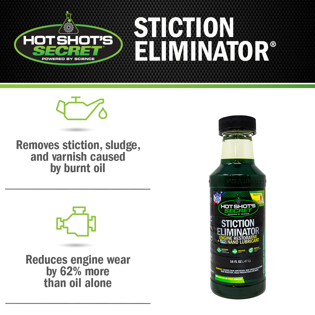 Stiction Eliminator benefits: removes sludge and varnish and reduces engine wear