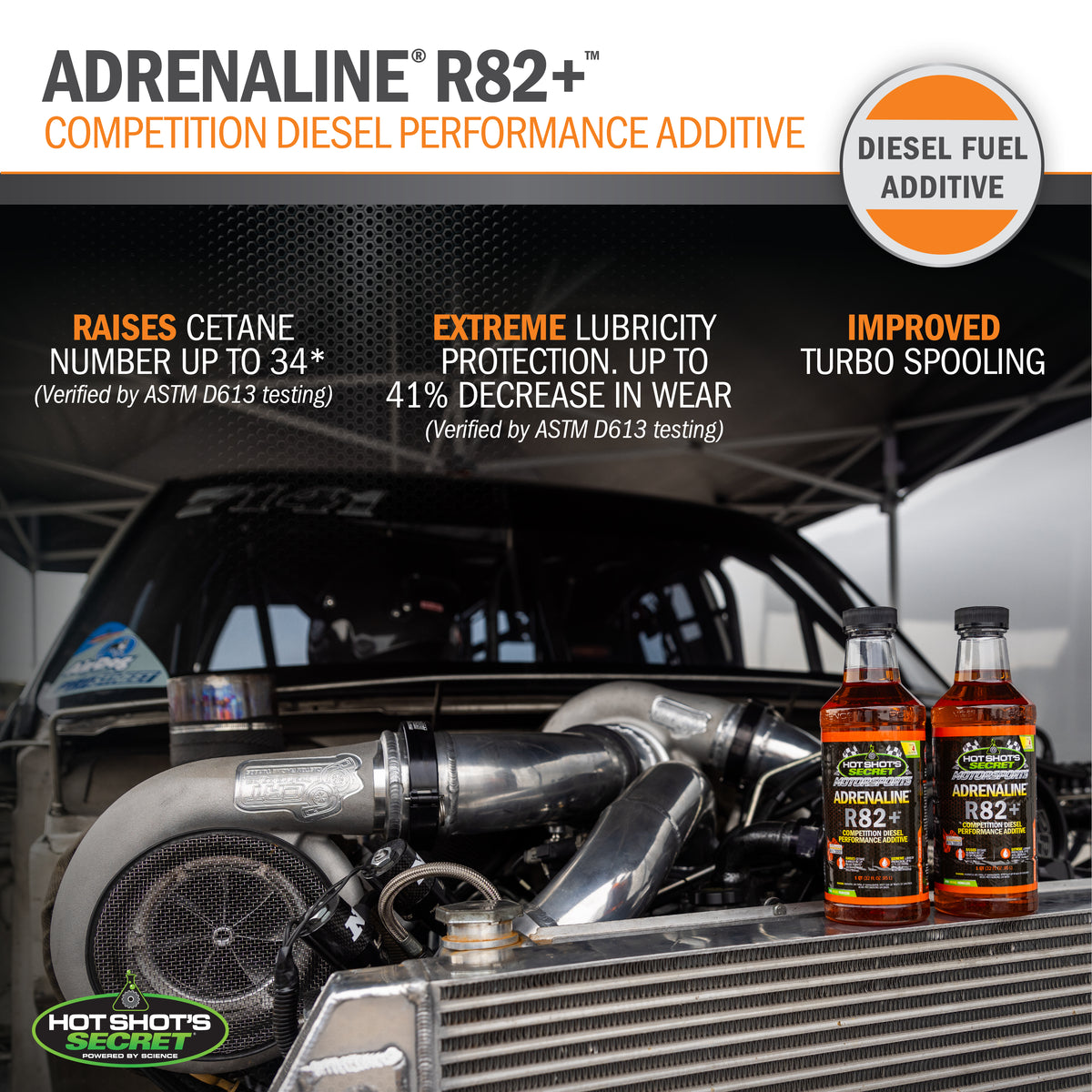 Adrenaline R82+ competition diesel additive banner with a performance engine