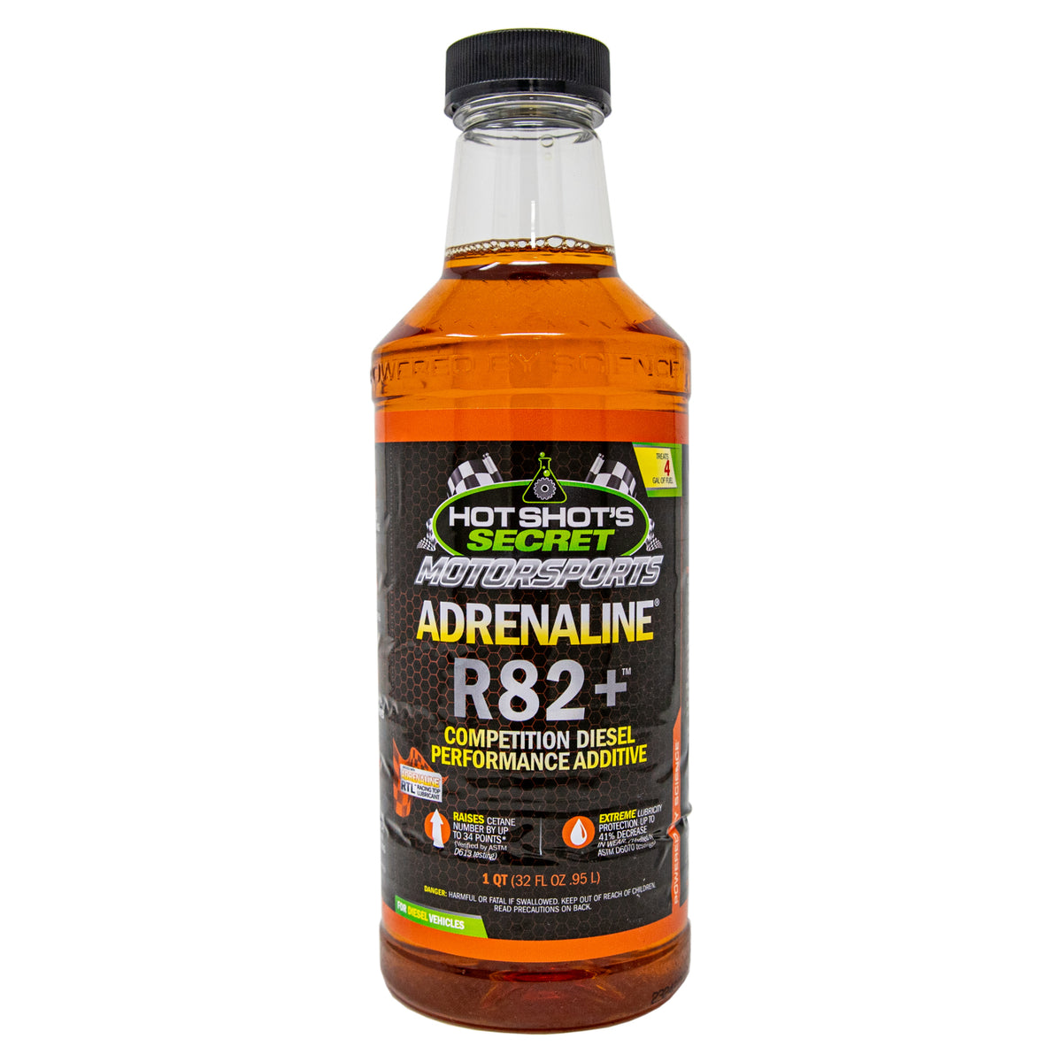 Hot Shot's Secret Adrenaline R82+ diesel racing fuel additive bottle