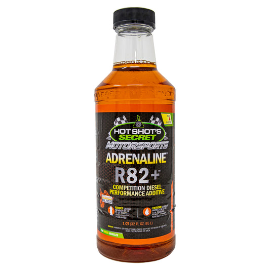 Hot Shot's Secret Adrenaline R82+ diesel racing fuel additive bottle