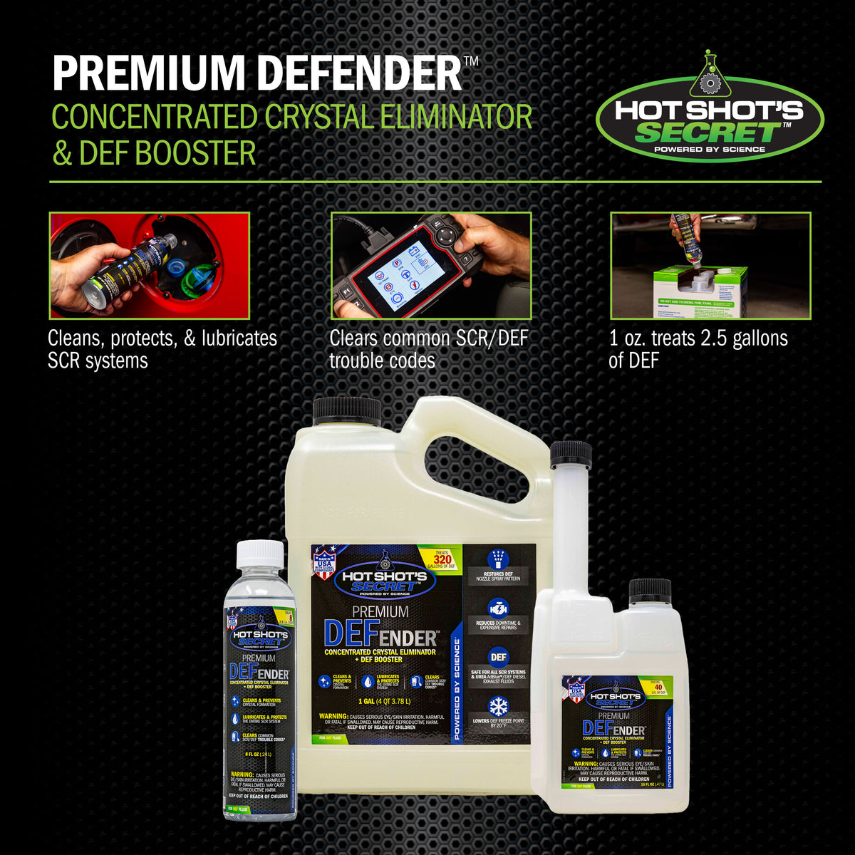 Premium DEFender concentrated crystal eliminator benefits graphic