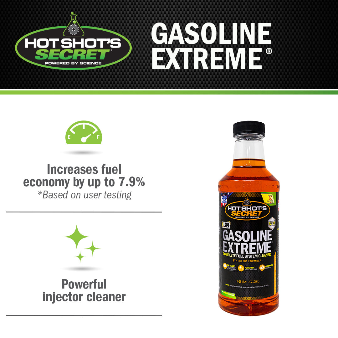 Gasoline Extreme 946mL benefits graphic: fuel economy and injector cleaning