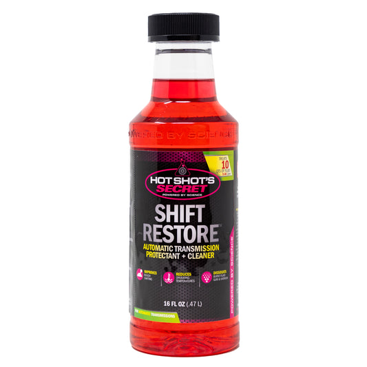 Hot Shot's Secret Shift Restore 473mL transmission additive bottle