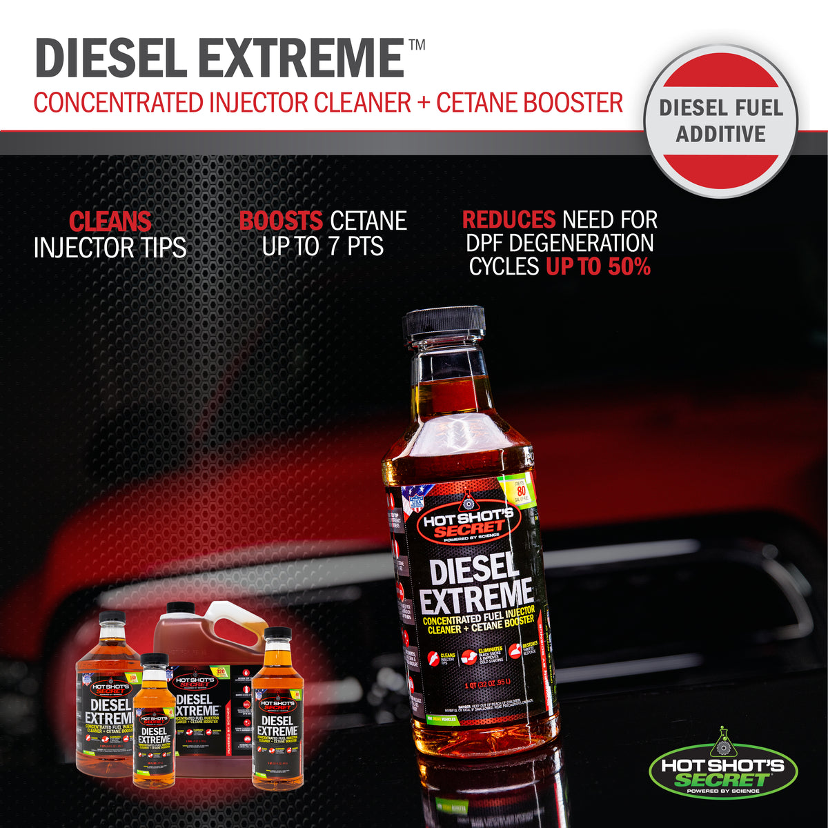 Diesel Extreme injector cleaner and cetane booster banner with a red truck
