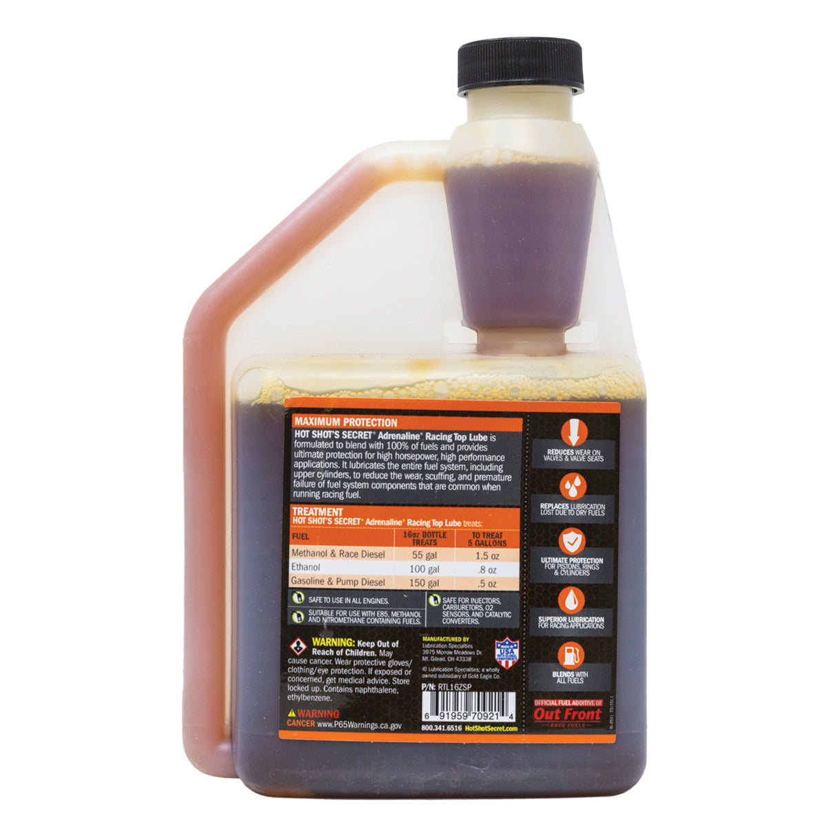 Adrenaline Racing Top Lube 473mL bottle, back label and directions
